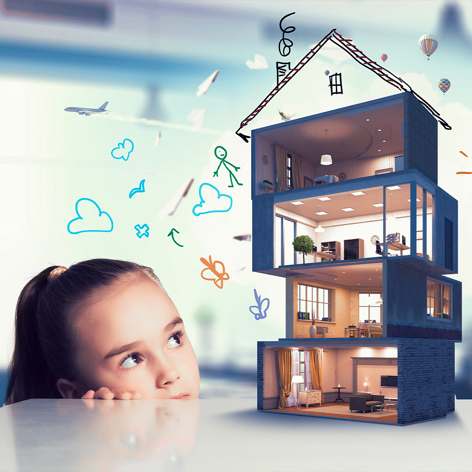 Person looking at 3D graphical cross-section of residential space placed on table