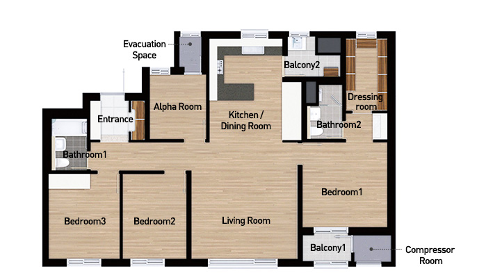 Illustration of Hillstate River City 84A type floor plan with alpha room