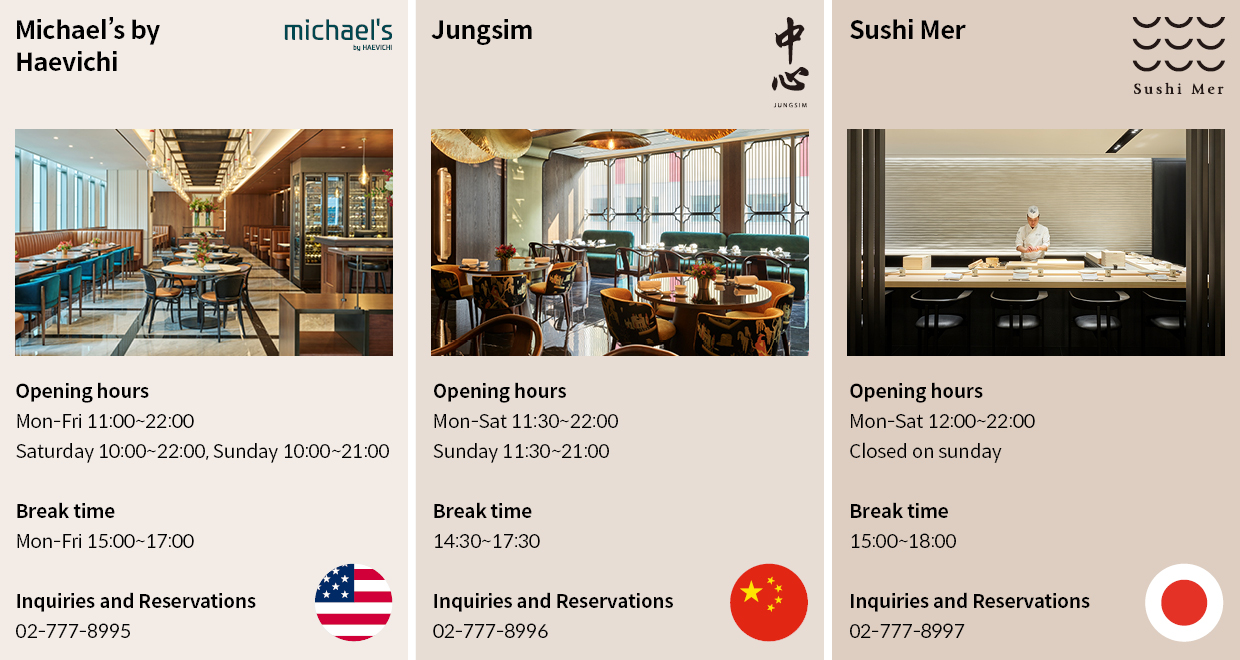 Business hours and phone numbers for Michael by Haevichi, Jungsim, and Sushi Mer
