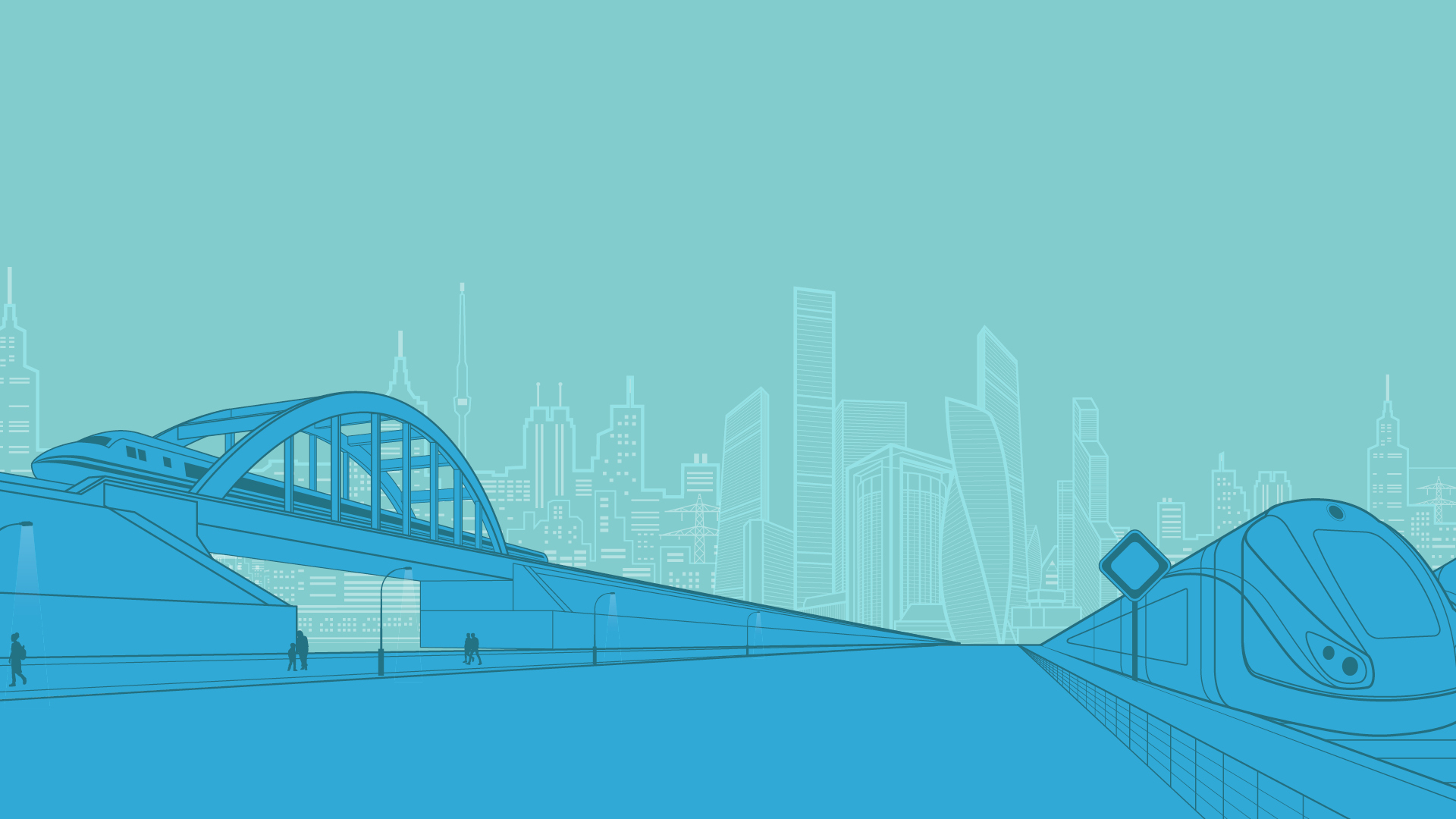 Blue line illustration with railroad running on both sides against the backdrop of city skyscrapers