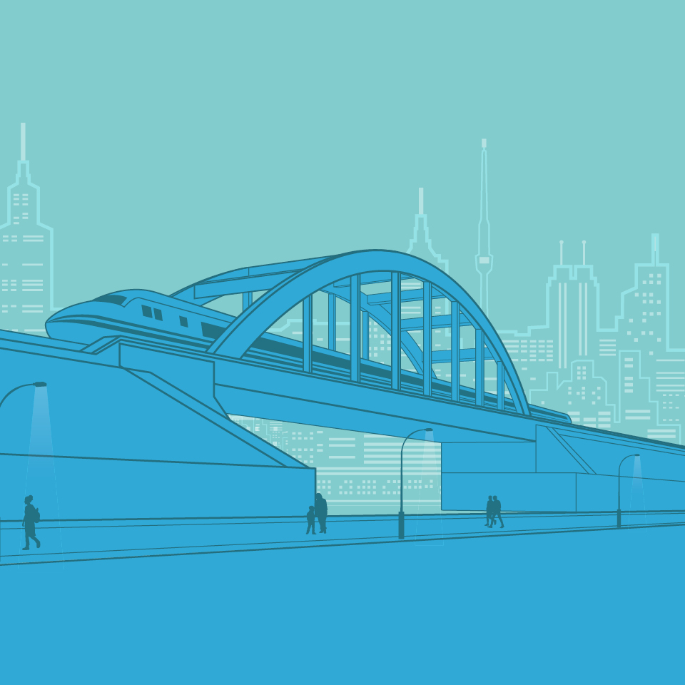 Blue line illustration with railroad running on both sides against the backdrop of city skyscrapers