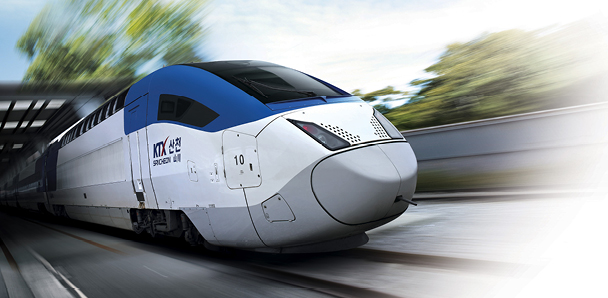 A close-up view of a KTX train running on the track