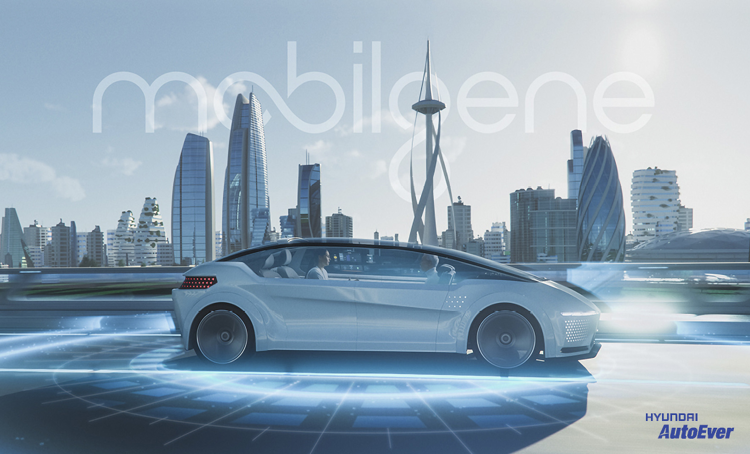 Mobilgene logo and futuristic city and cars