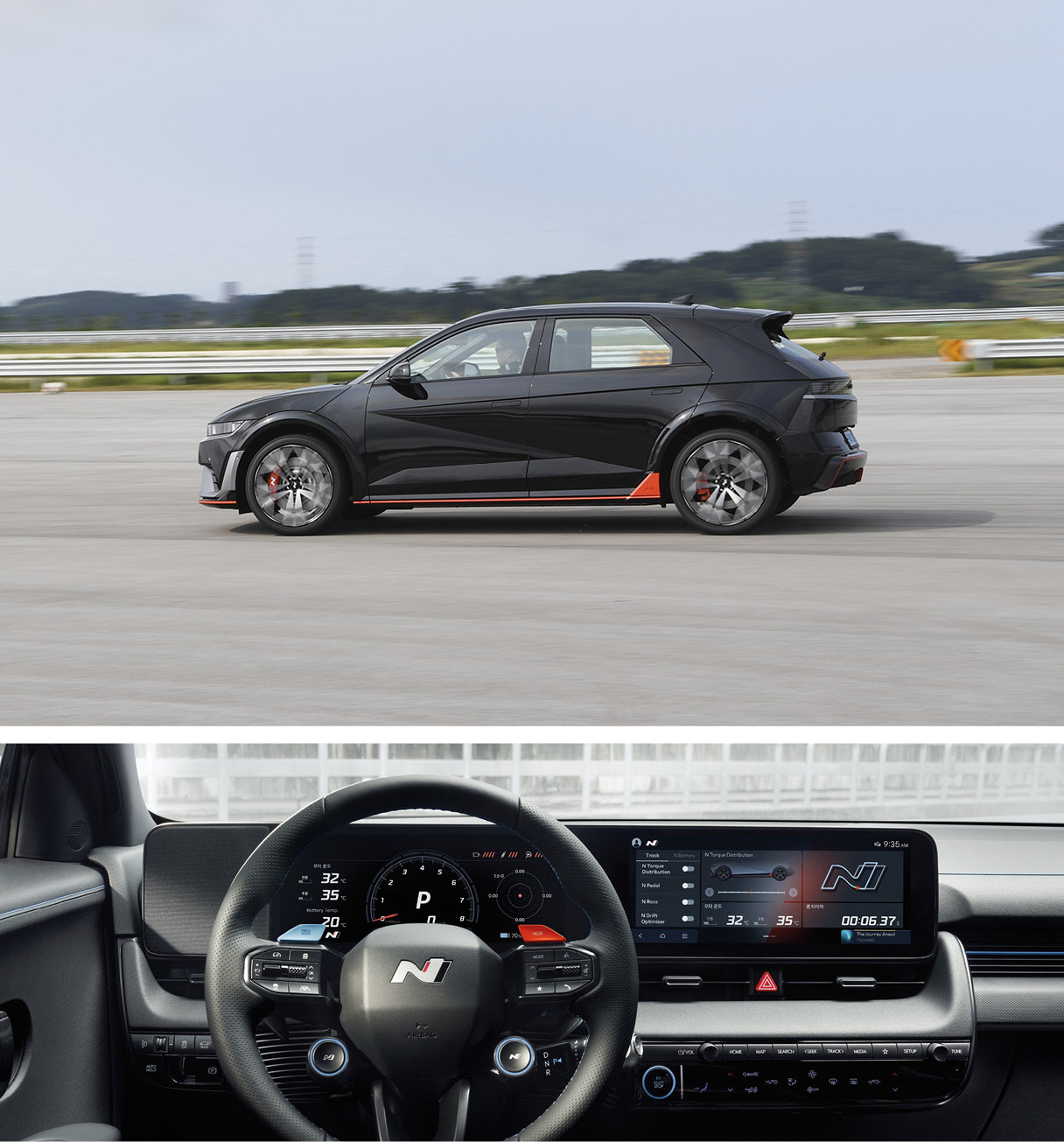 IONIQ 5 N in motion dymanically, and the driver's seat of IONIQ 5 N