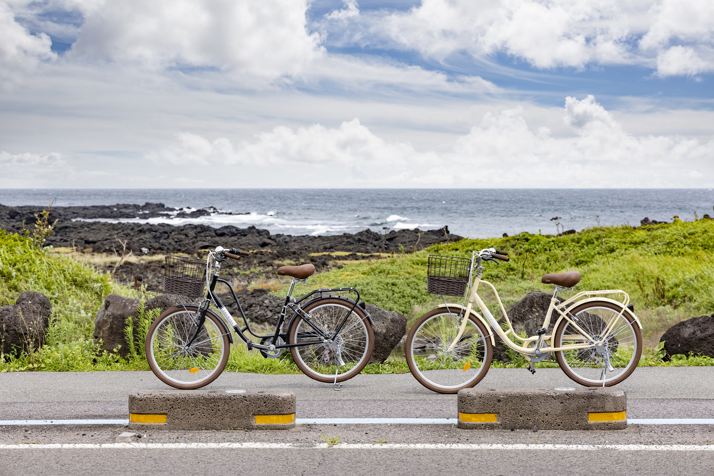 Two bicycles standing side by side on the road adjacent to the sea
