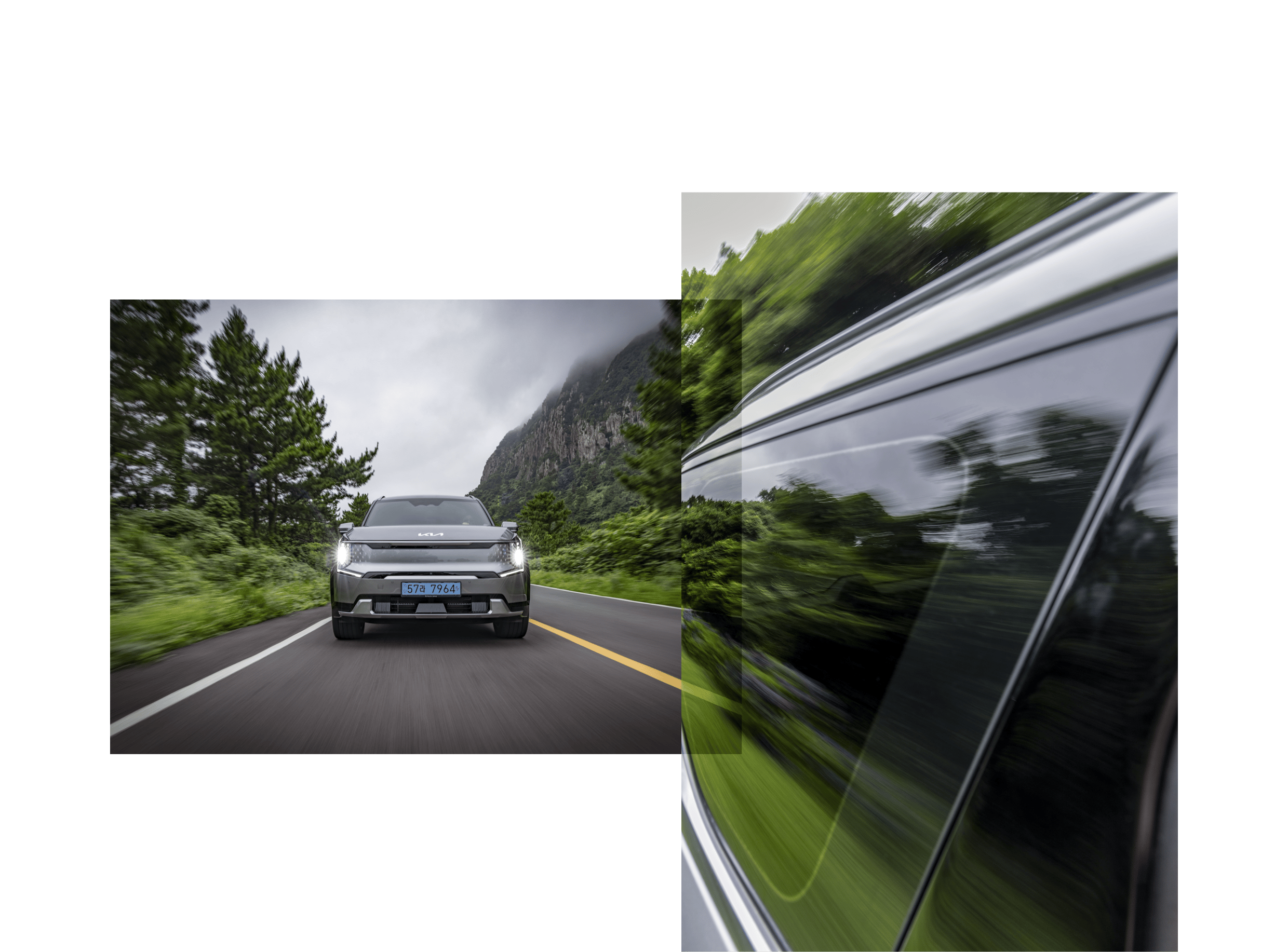 View of the front, third row side glass as gray SUV drives along the mountain path