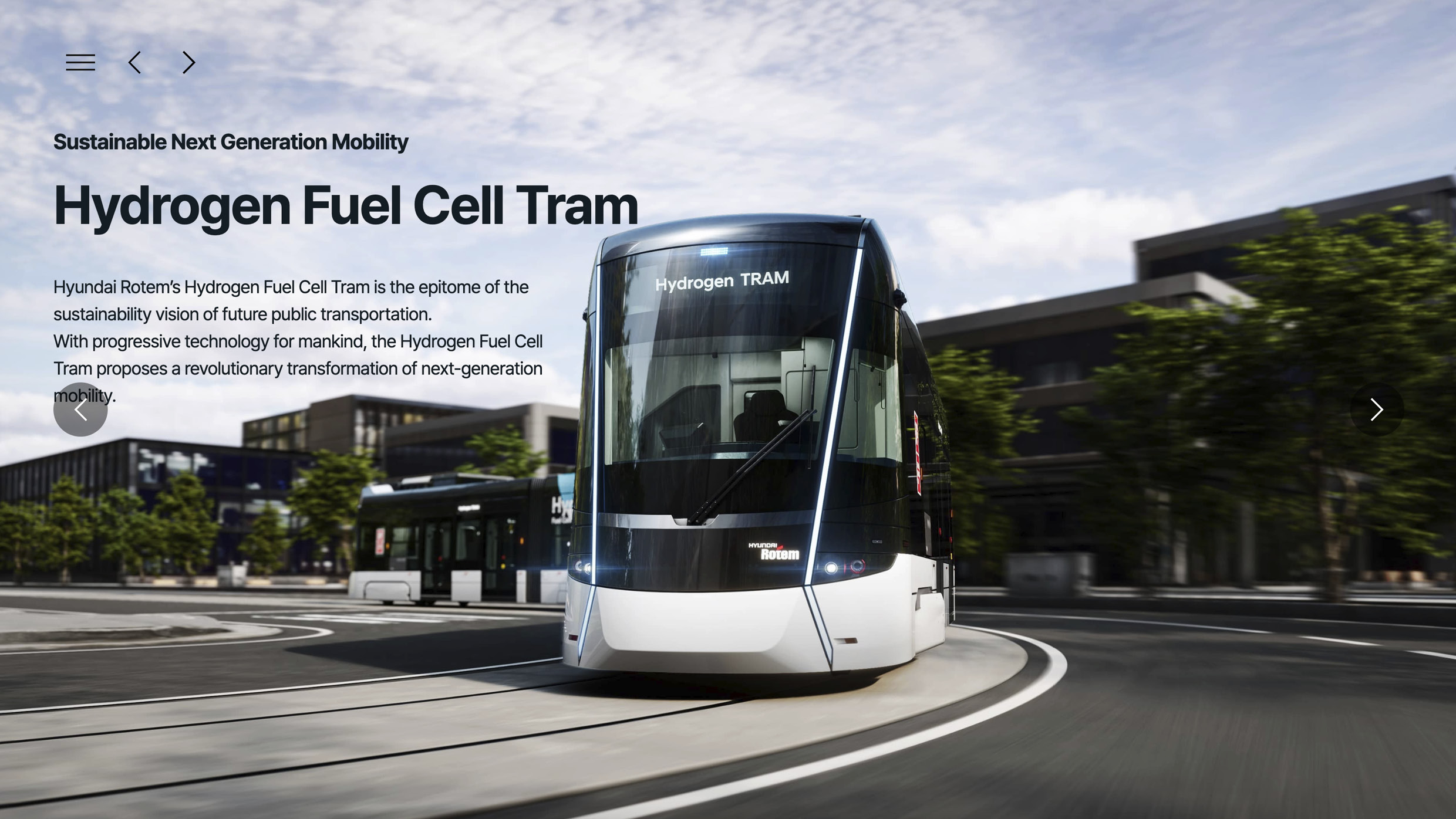 First Page of Hyundai Rotem's Hydrogen Fuel Cell Tram Website