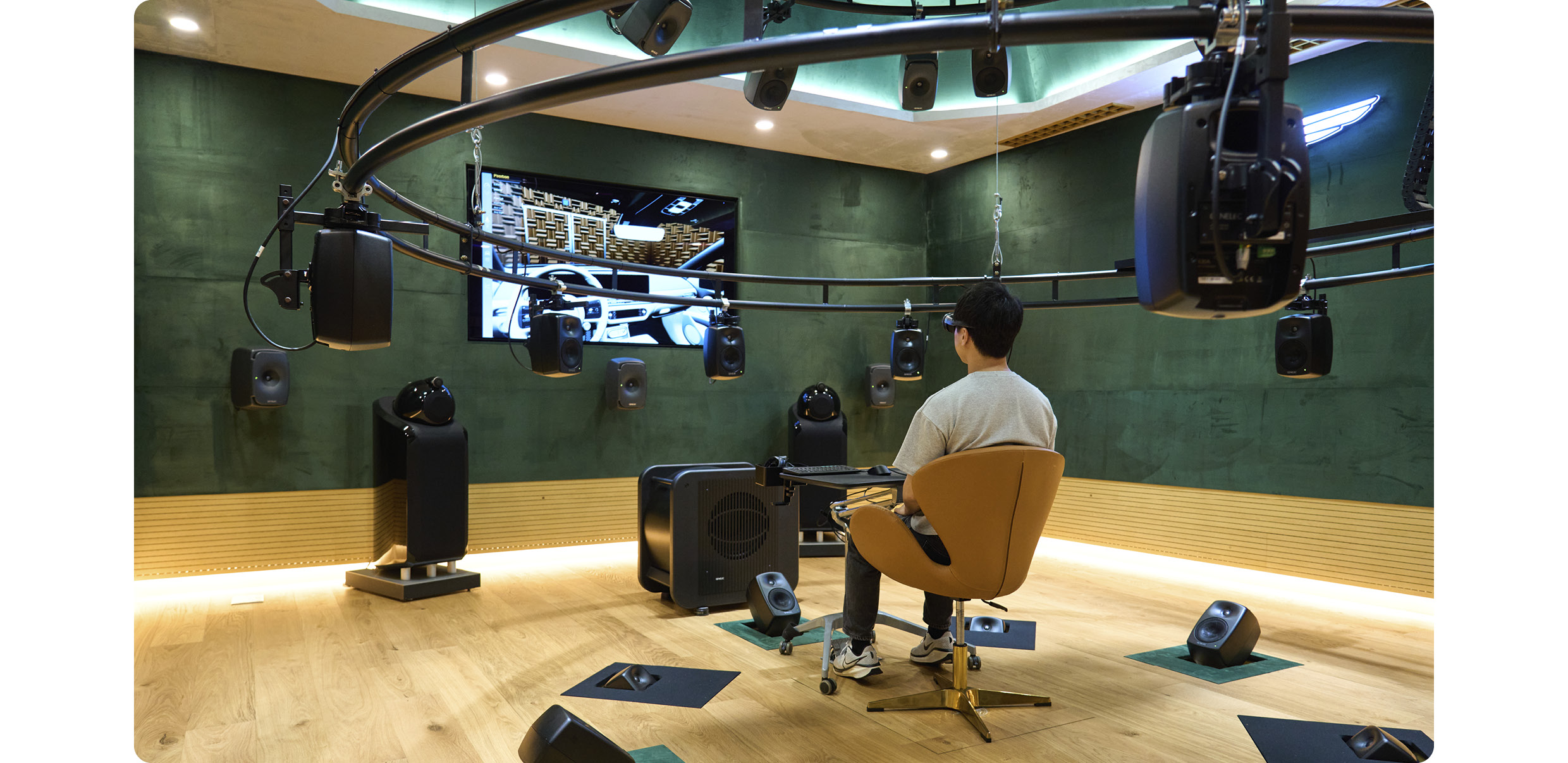 Doing a VR test in an immersive sound listening room