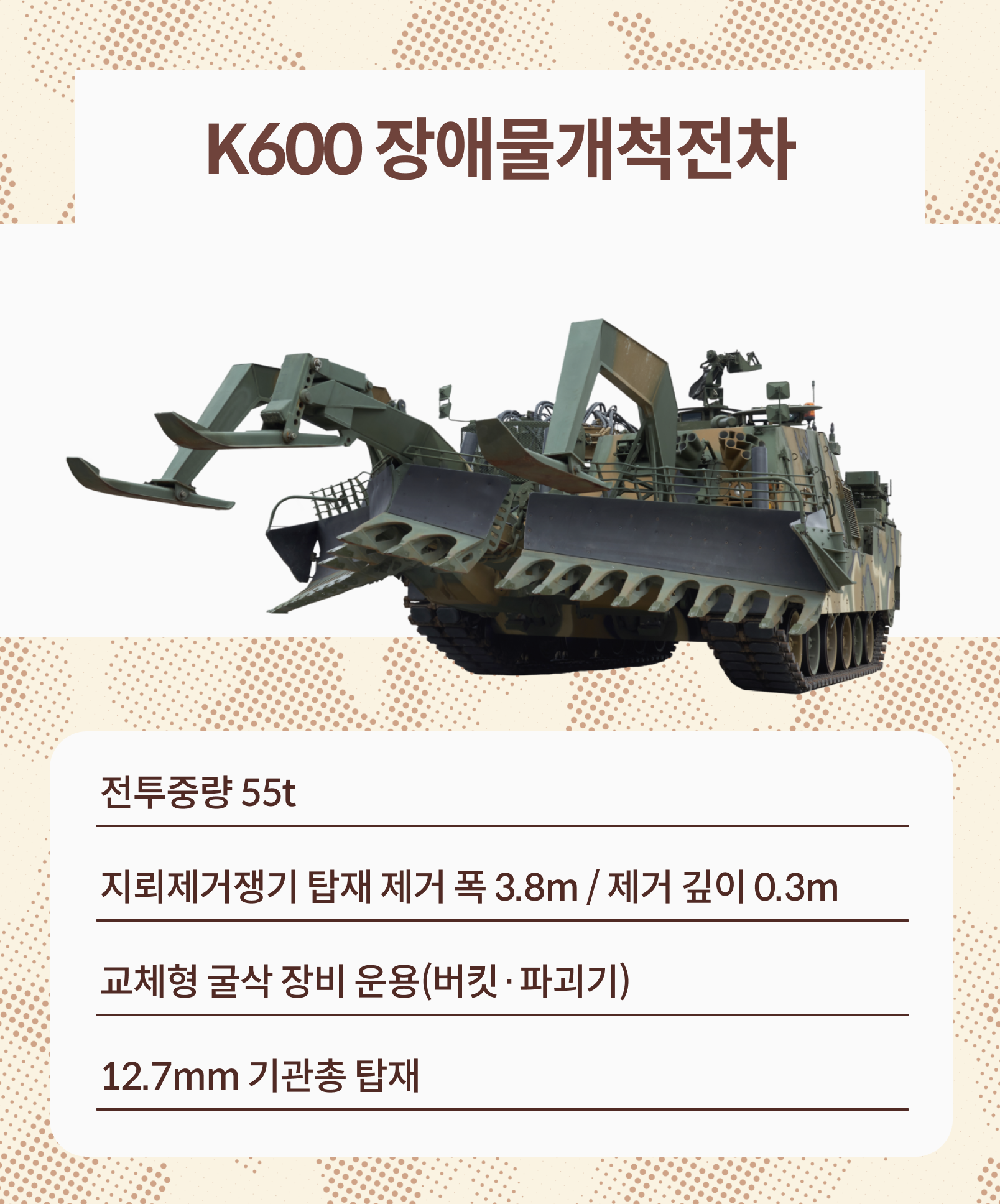 K600 장애물개척전차: 전투중량 55t, 지뢰제거쟁기 탑재 제거 폭 3.8m / 제거 깊이 3.0m, 교체형 굴삭 장비 운용(버킷 파괴기), 12.7mm 기관총 탑재
