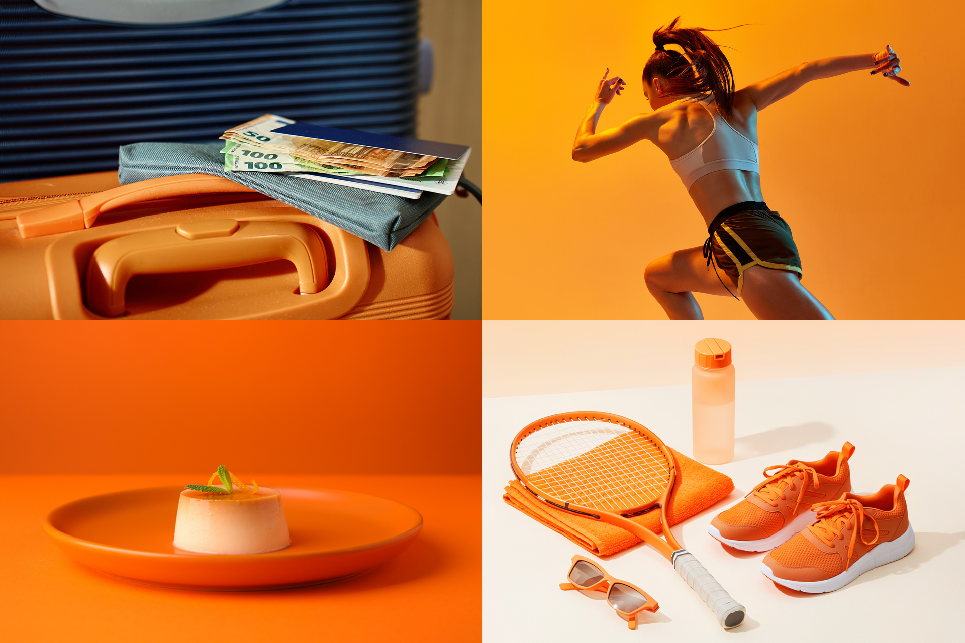 오렌지 컬러를 포인트로 한 캐리어, 운동하는 사람, 플레이트, 운동 기구