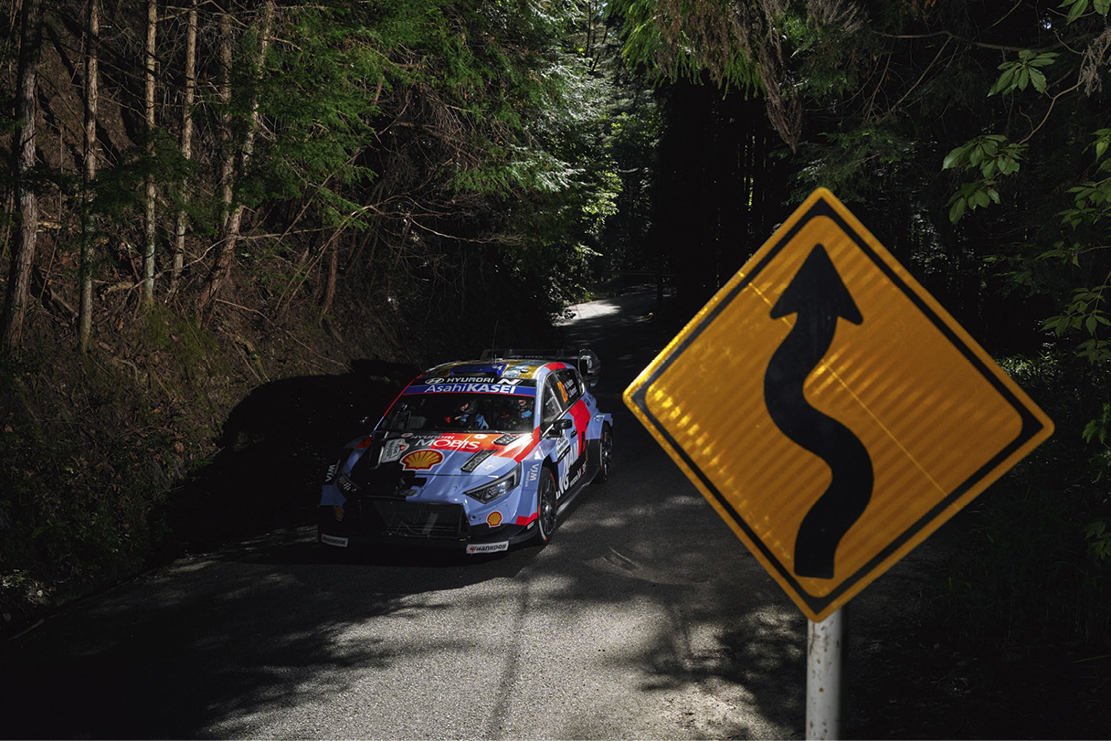 The Hyundai team WRC1 rally car is on the road