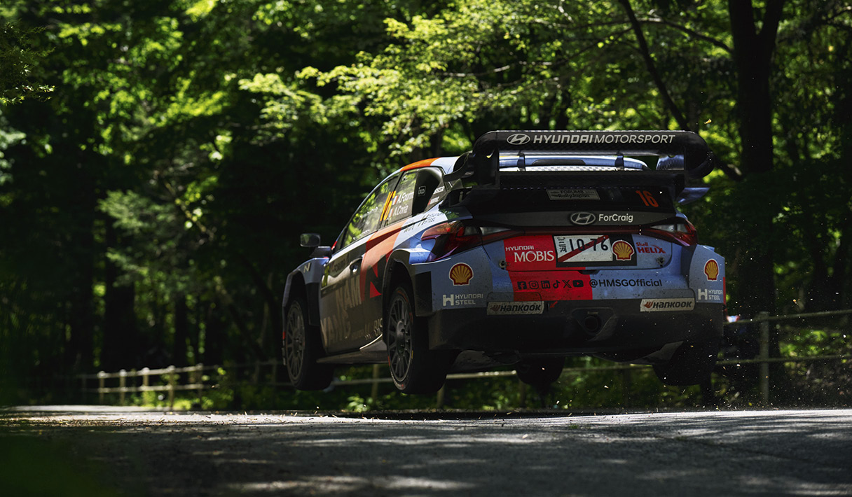 The Hyundai team WRC1 rally car is on the road