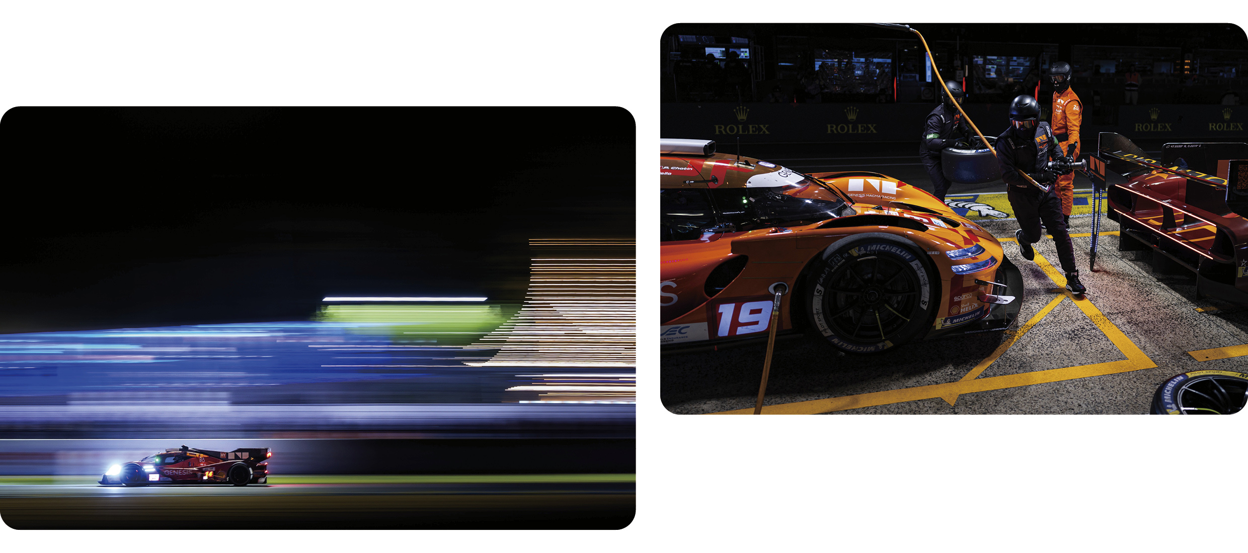 Genesis hypercar racing on the Circuit de la Sarthe in the dark