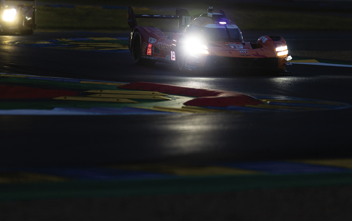 Genesis hypercar racing on the Circuit de la Sarthe in the dark