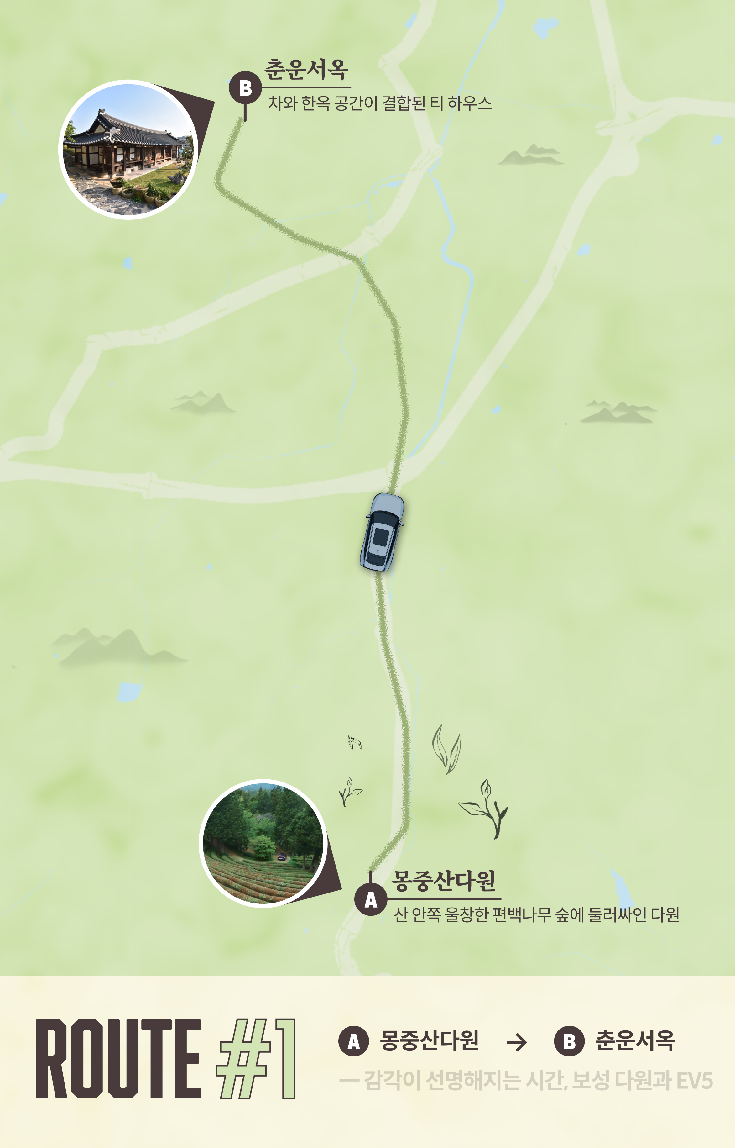 ROUTE #1 : 몽중산다원(산 안쪽 울창한 편백나무 숲에 둘러싸인 다원) → 춘운서옥(차와 한옥 공간이 결합된 티 하우스)