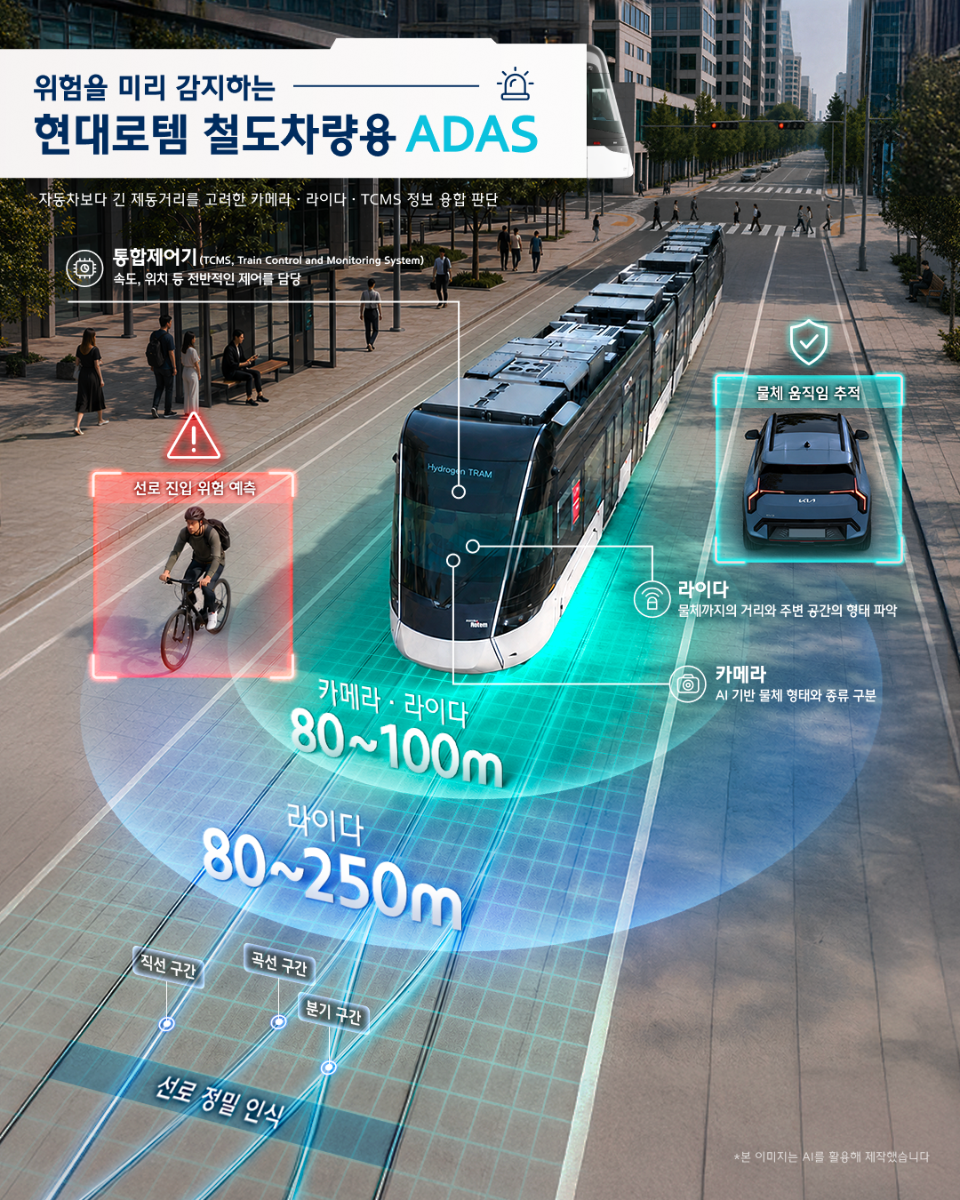 전방 100m 이상 감지부터 최대 12.2% 전력 절감까지, 현대로템 ADAS·IEOS로 보는 철도 자동화의 미래를 나타낸 인포그래픽
