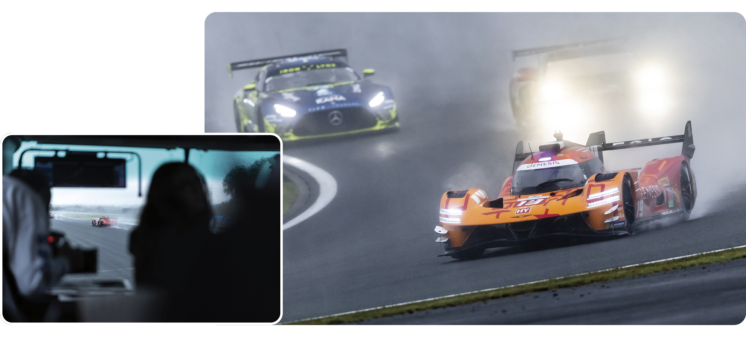 Genesis race car driving through heavy rain