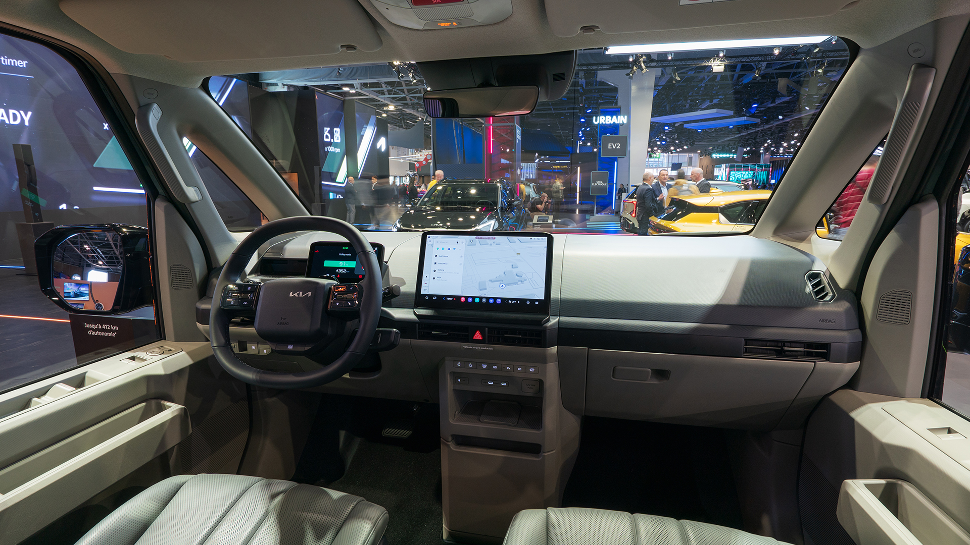 Interior of the Kia PV5 displayed at the 2026 Paris Motor Show exhibition hall
