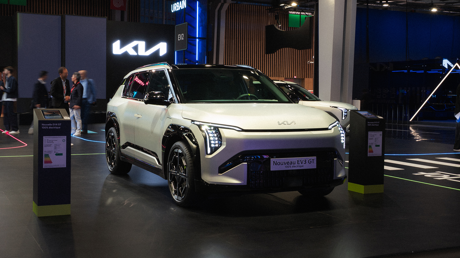 Kia EV3 vehicle displayed at the 2026 Paris Motor Show exhibition hall