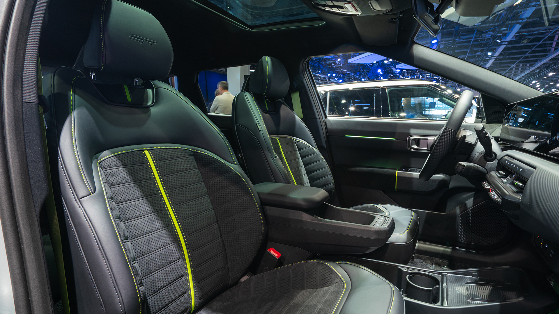 Interior seats of the Kia EV4 displayed at the 2026 Paris Motor Show exhibition hall