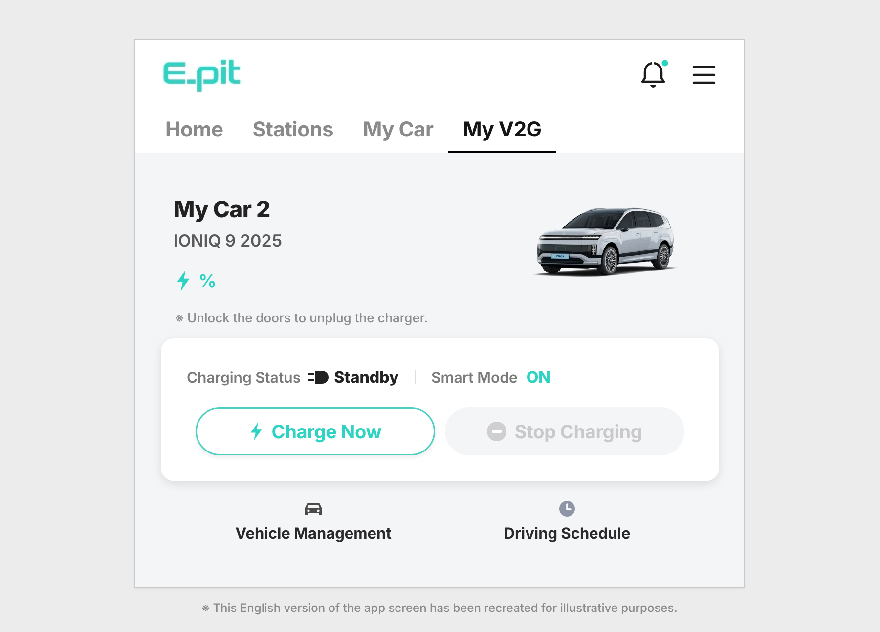 E-pit application screen displaying electric vehicle charging information