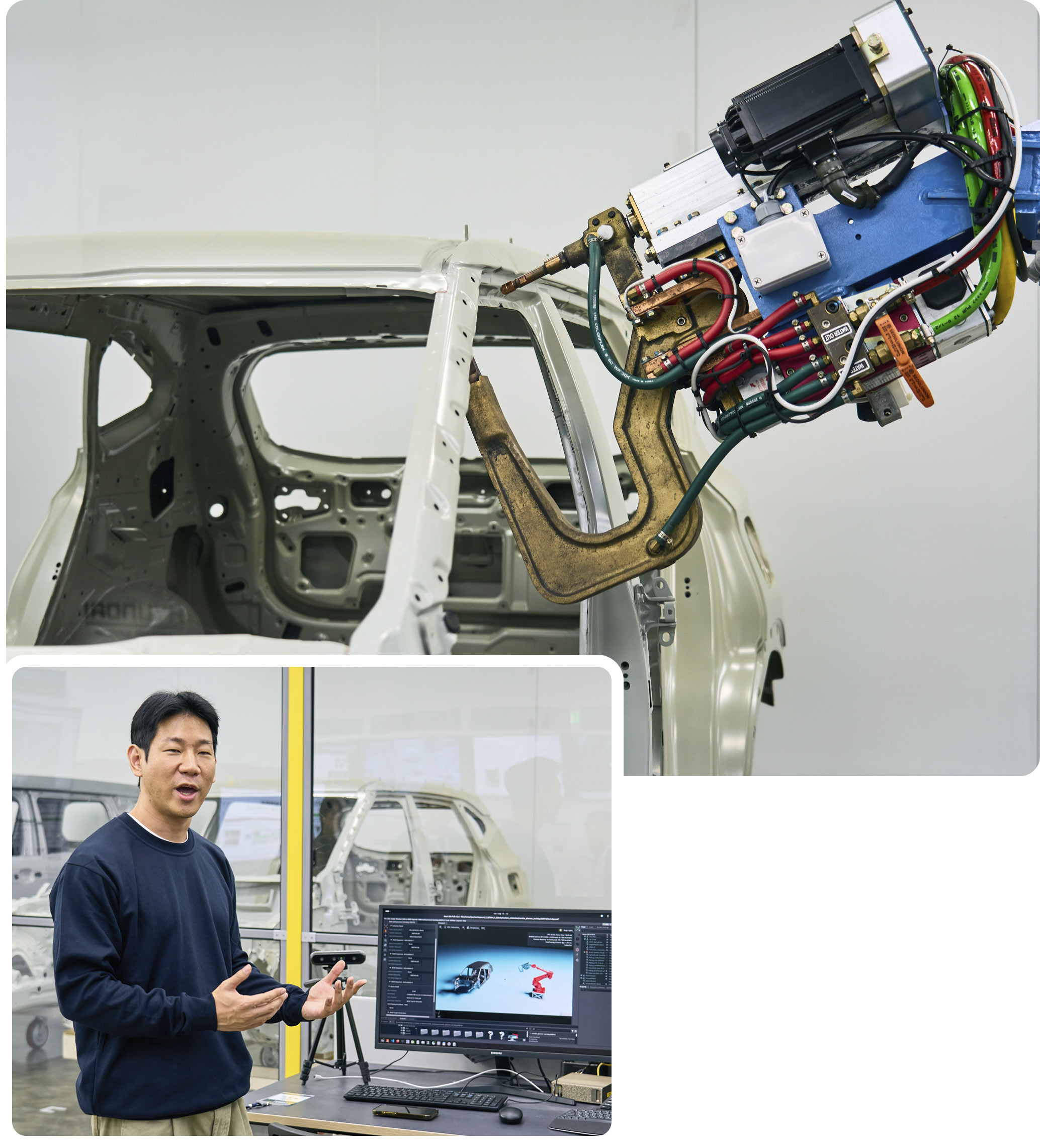 전시 담당자가 로봇 티칭 기술에 대해 설명하고 있다