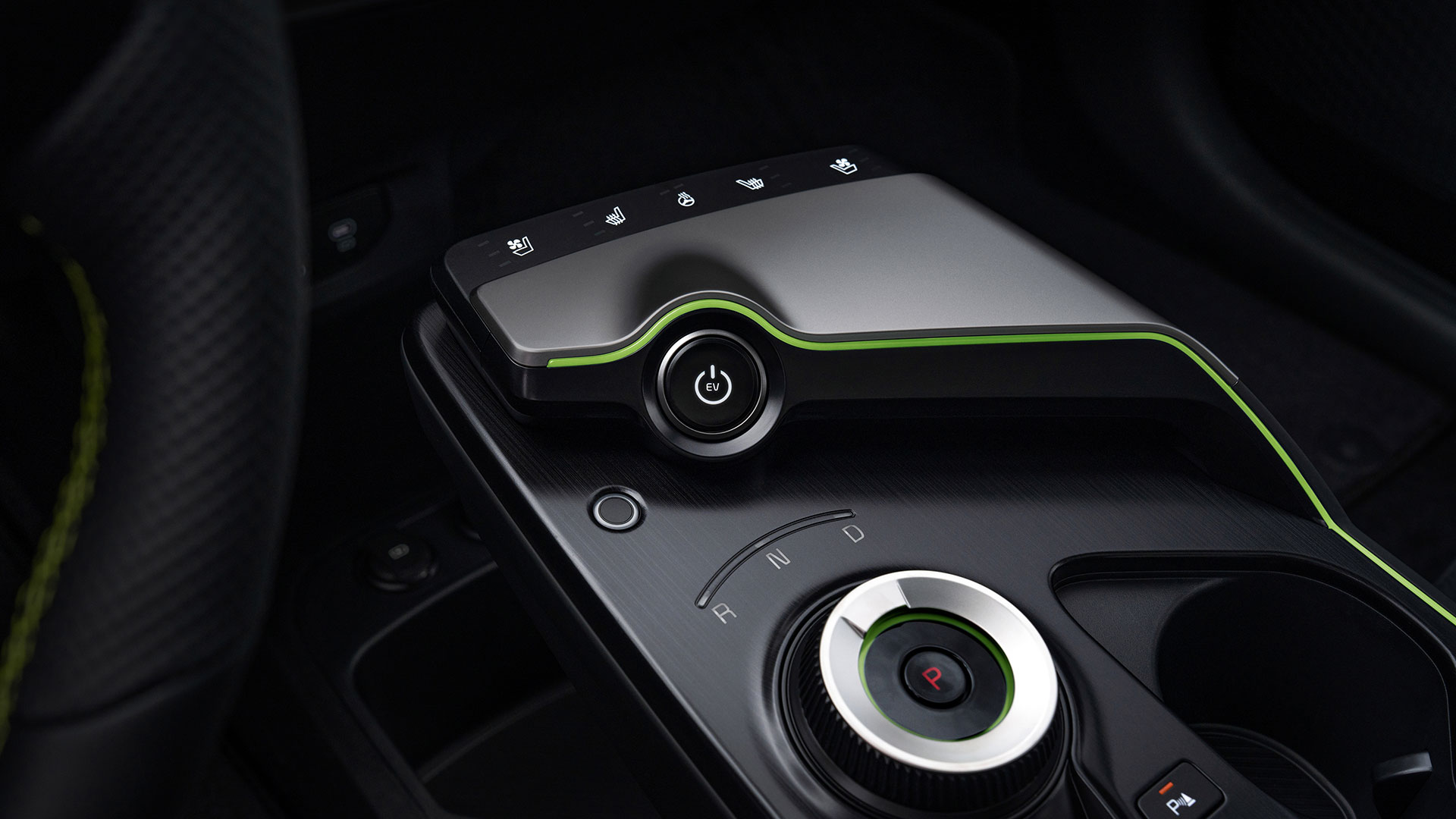 EV6 GT center console and rotary gear selector accented with neon green elements