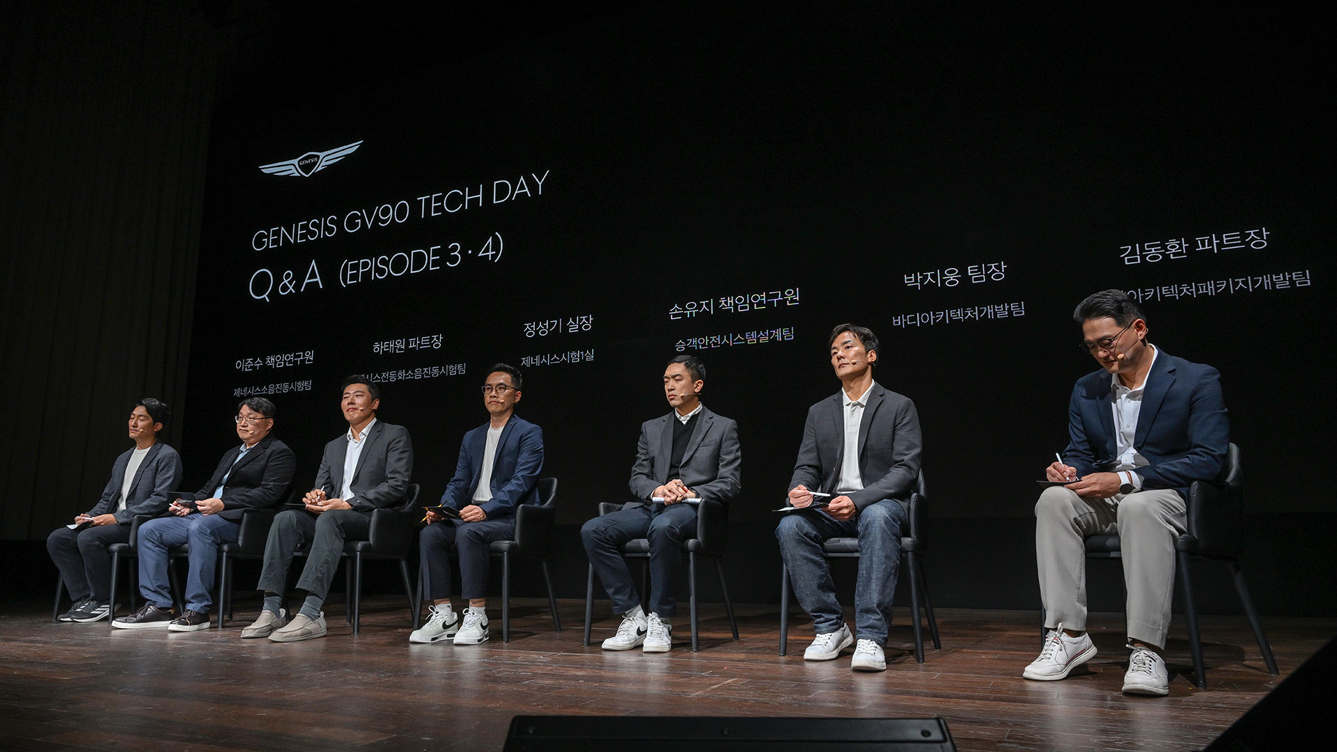 GV90 테크 데이 대담 패널들이 현장 질의에 답하는 모습. (왼쪽부터) 제네시스소음진동시험팀 이준수 책임연구원, 제네시스전동화소음진동시험팀 하태원 파트장, 제네시스시험1실 정성기 실장, 승객안전시스템설계팀 손유지 책임연구원, 바디아키텍처개발팀 박지웅 팀장, 차량아키텍처패키지개발팀 김동환 파트장, 제네시스프로젝트2실 안세진 상무
